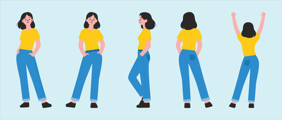 Vector illustration of young woman in yellow shirt and blue jeans standing in multiple poses isolated on light blue background