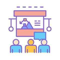 Informative seminar with presenters and audience flat design illustration