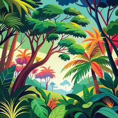 Vivid tropical jungle illustration with lush greenery and colorful exotic plants perfect for nature backgrounds