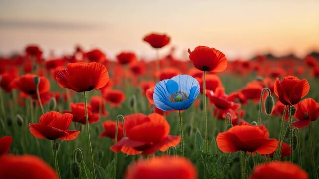 Flor de amapola azul entre amapolas rojas en un campo, video. Concepto de diferencia, singularidad