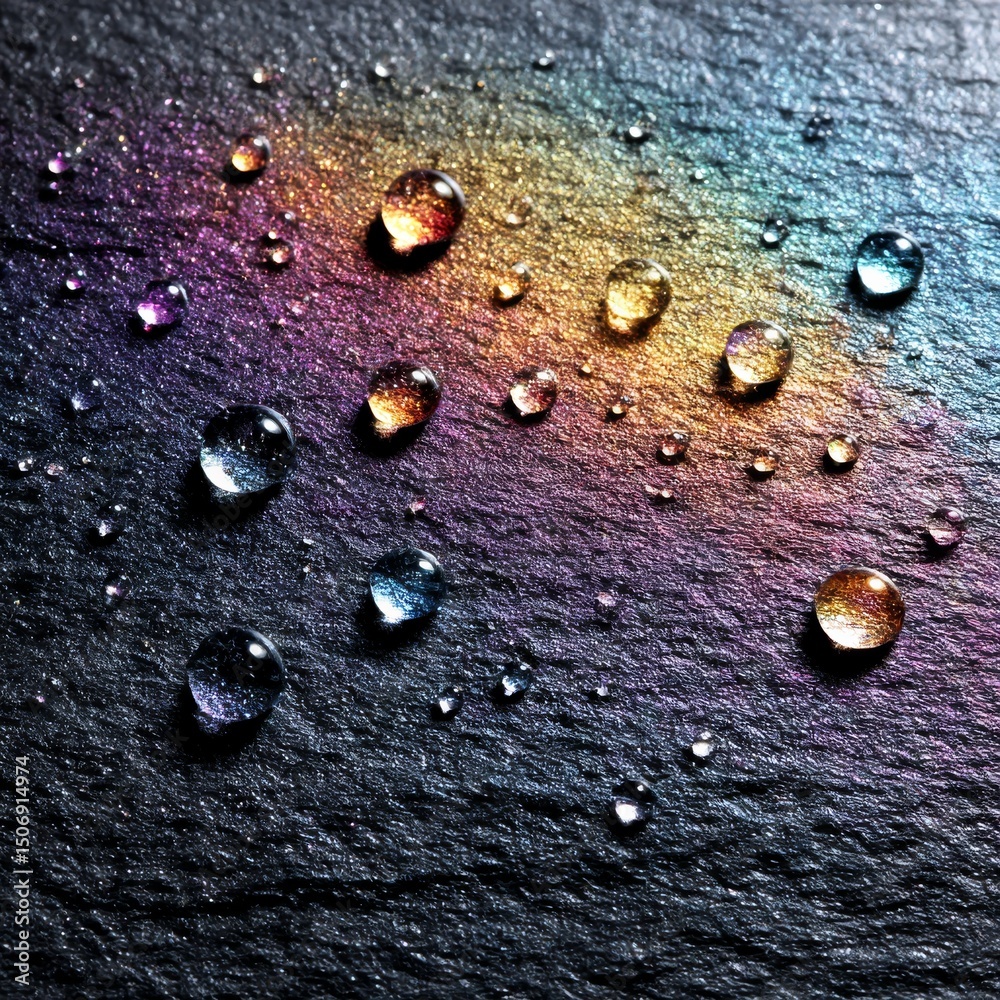 Poster Rainbow Reflecting Water Droplets on Textured Stone Surface - A Close-up Macro Shot