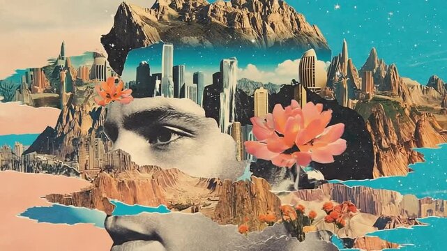 Retro Male magazine cutout face in a collage style layered with mountains, sky and landscape. Retro Cutout Collage Style