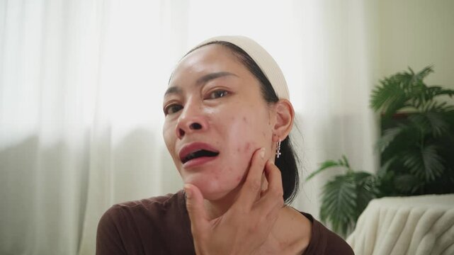 Shocked woman reacting to irritated skin and acne on her face while checking in mirror under soft indoor light