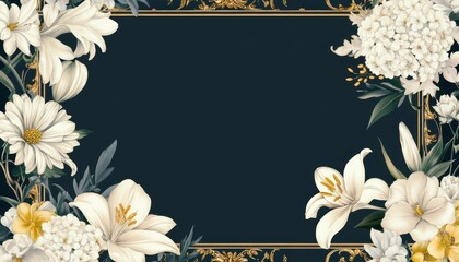 Vintage funeral memorial template with ornate golden frame and floral botanical design on dark background