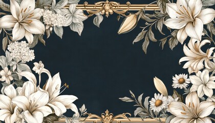 Vintage funeral memorial template with ornate golden frame and floral botanical design on dark background