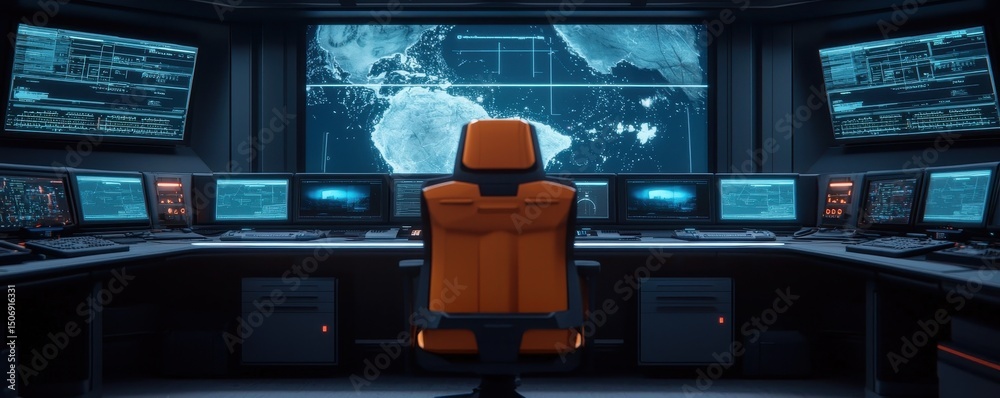 Poster a high-tech control room with multiple monitors and a central chair facing a large screen displaying