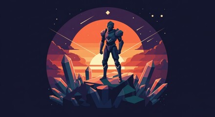 Obraz premium Silhouette of a futuristic knight standing on crystalline rocks during sunset, digital illustration
