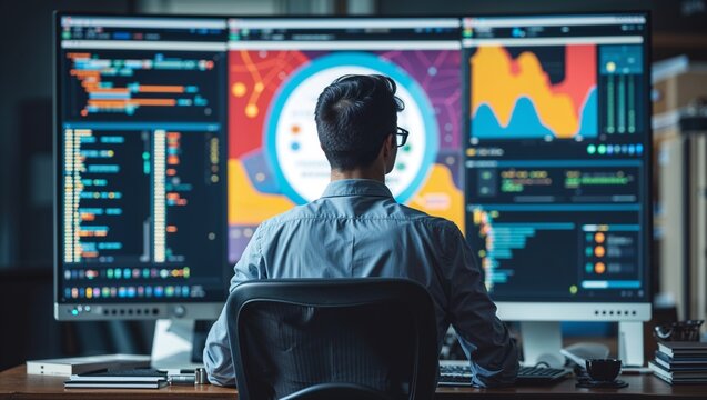 Data scientist analyzing complex data on screen - Powered by Adobe