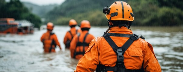 Rescue workers in orange gear wade through floodwaters during a rainy emergency response operation.