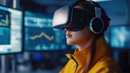 A woman in a yellow jacket uses a virtual reality headset in a high-tech environment with data screens in the background.