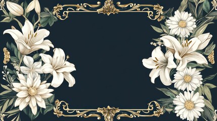 Vintage funeral memorial template with ornate golden frame and floral botanical design on dark background
