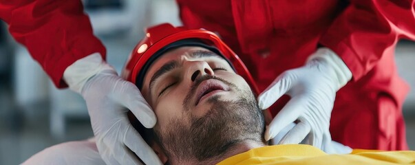 A rescue worker stabilizes an injured man wearing a helmet, providing emergency care with gloved hands.