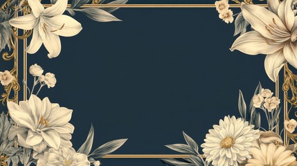 Vintage funeral memorial template with ornate golden frame and floral botanical design on dark background
