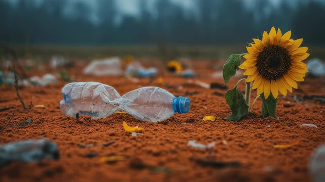 Plastic waste and sunflower on red soil. Environmental pollution and nature survival concept. Ecological awareness and Earth Day message.