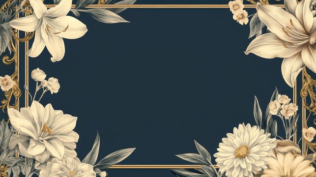 Vintage funeral memorial template with ornate golden frame and floral botanical design on dark background