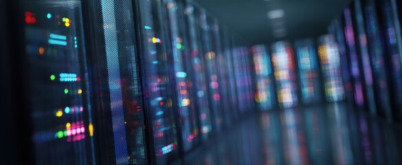 The advanced data center showcasing illuminated server racks in a modern environment.