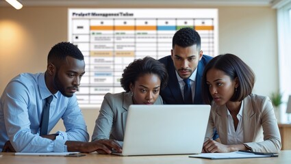 Diverse team collaborating on laptop in office