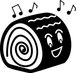 Happy dessert character with musical notes, representing joy and sweetness