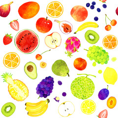 カラフルなフルーツのシームレスパターン　手描き水彩イラストの背景素材
