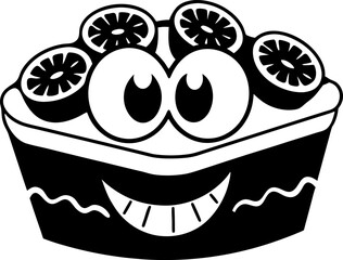 Cute dessert character with big eyes and smile, topped with fruit slices
