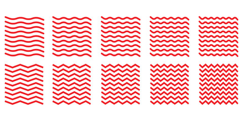 Fototapeta premium Wave line and wavy zigzag lines. Wave zigzag pattern. Set of wavy zigzag lines. Vector zigzag and wavy horizontal underline. Red zig zag wave pattern background. Zigzag thin line strokes simple. 