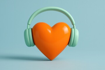 Orange Heart Wearing Mint Green Headphones Illustrates Love of Music, a Creative Expression, or the Joy of Listening on a Simple Blue Background.