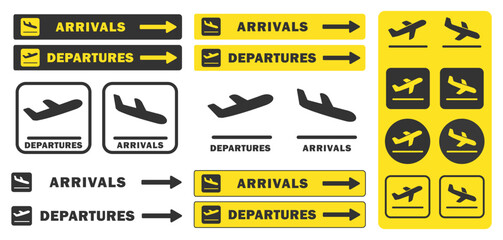 Take off and landing Plane icon symbol set. Arrivals, departures Flight transport sign logo. Airplane vector image. Travel flat illustration. Isolated on yellow background.