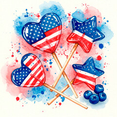 Obraz premium Patriotic American Flag Heart and Star Lollipops with Dripping Red and Blue Candy and Blueberries in Watercolor for Festive Celebrations