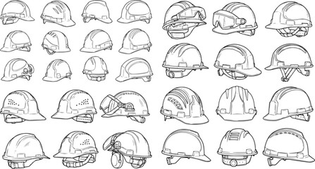 Detailed vector hand drawing of construction helmets showcasing different angles and design features in a minimalist style
