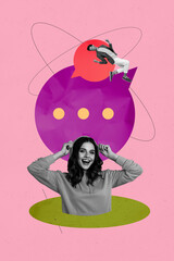 Sketch vertical photo art collage of happy girl guy stand bubble communication speech dialogue...