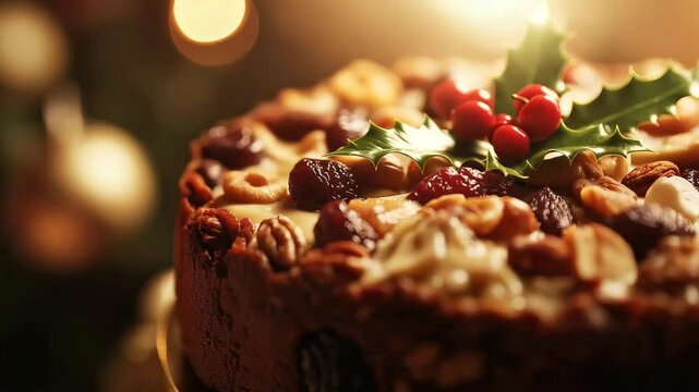 Traditional Christmas fruitcake topped with dried fruits, nuts, and festive holly leaves in warm holiday lighting.