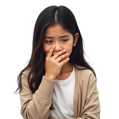 Young East Asian woman covering mouth looking down feeling sad ashamed sorrow