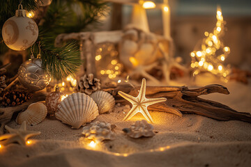 Holiday display, with seashell ornaments, starfish and driftwood arranged on sandy surface. Generative AI