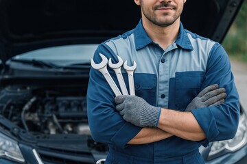 Smiling Automotive Mechanic with Wrenches Poses Confidently by Car, Showing Pride and Expertise in Vehicle Repair and Maintenance Service.