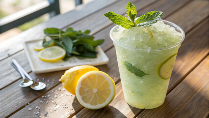 Fototapeta premium Delicious Lemon and Mint Slushie on Wooden Table