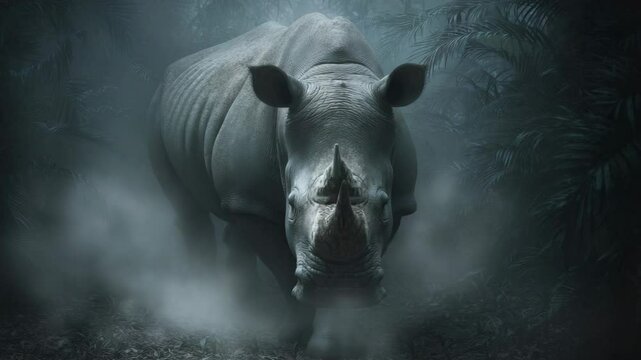 Majestic rhinoceros in a misty jungle