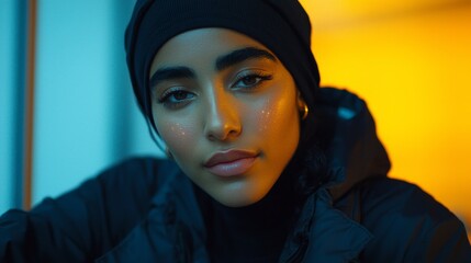 Portrait of Young Woman with Stylish Headwear and Natural Makeup in Urban Setting