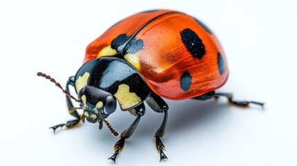 Naklejka premium Detailed Closeup of a Vibrant Ladybug Resting on a Bright White Surface