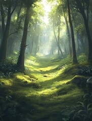 Lush Green Forest Path with Sunlight
