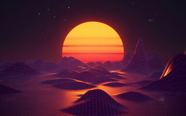 Obraz premium Retro sunset over wireframe landscape synthwave 80s aesthetic
