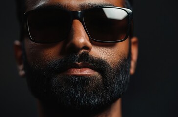 High-resolution close-up of a stylish Indian man with facial hair and glossy black sunglasses