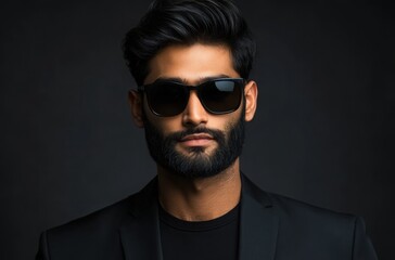 Obraz premium High-resolution close-up of a stylish Indian man with facial hair and glossy black sunglasses