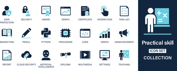Practical skill icon set collection. Data protection, security, award, graph, certificate, task list, magnifying, pencil, python, code, graph, report, diploma. And solid icon set.