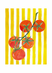 Trendy summer tropical poster featuring hand-painted tomatoes on a branch in acrylic style over a soft yellow striped background. Perfect for kitchen decor, packaging, textile prints, and