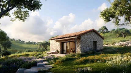 Obraz premium Countryside retreat with a stone cottage and rolling hills in the background
