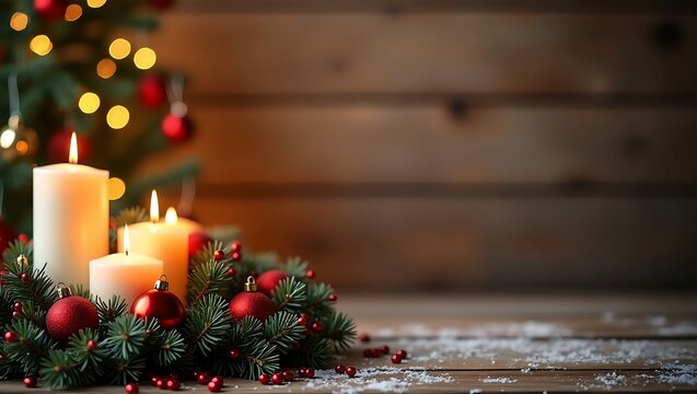 Christmas Candles and Wreath on Wooden Background