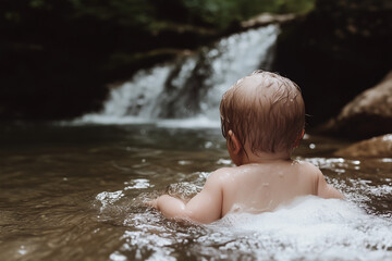 Fototapeta premium Little boy playing in the water near waterfall