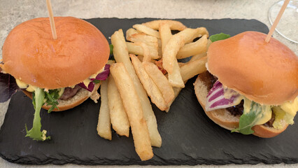 Plato con hamburguesa, patatas fritas y comida rápida, ideal para restaurantes, gastronomía y...