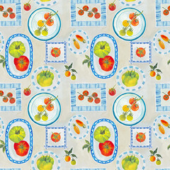Mediterranean summer seamless pattern featuring cute Italian cuisine elements, farm tomatoes, and traditional ceramic plates. Perfect for textile design, wallpaper, packaging, and kitchen-themed