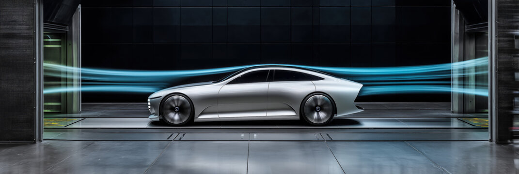Futuristic Silver Car Prototype Testing Aerodynamics in Industrial Wind Tunnel Laboratory Environment for Development Research and Science